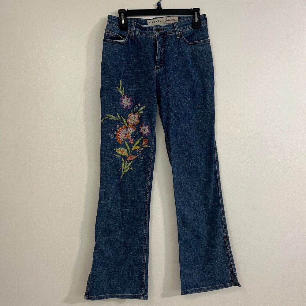 FIBERS Floral Embroidered Denim Flare Jeans Womens Size 8 Boho Hippie